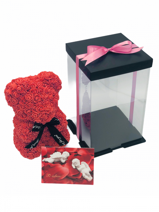 Urs floral rosu, personalizabil cu felicitare personalizabila, Eventissimi, ursulet decorat manual cu trandafiri de spuma, Teddy Bear 25 cm, cutie decorativa inclusa [2]