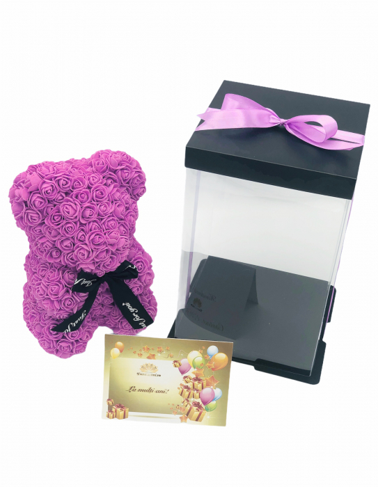 Urs floral roz, personalizabil cu felicitare personalizabila, Eventissimi, ursulet decorat manual cu trandafiri de spuma, Teddy Bear 25 cm, cutie decorativa inclusa [1]