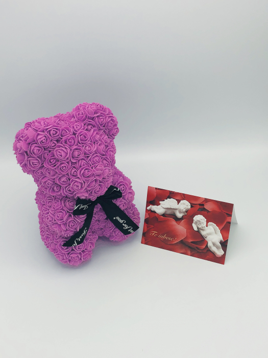 Urs floral roz, personalizabil cu felicitare personalizabila, Eventissimi, ursulet decorat manual cu trandafiri de spuma, Teddy Bear 25 cm, cutie decorativa inclusa [6]