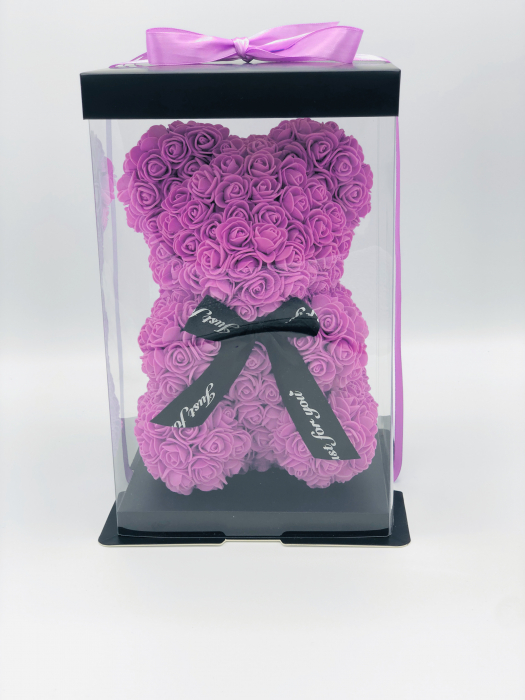 Urs floral roz, personalizabil cu felicitare personalizabila, Eventissimi, ursulet decorat manual cu trandafiri de spuma, Teddy Bear 25 cm, cutie decorativa inclusa [3]