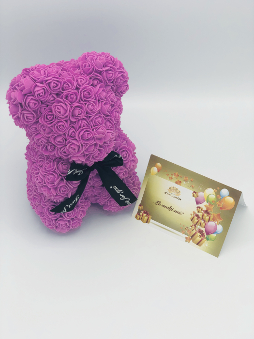Urs floral roz, personalizabil cu felicitare personalizabila, Eventissimi, ursulet decorat manual cu trandafiri de spuma, Teddy Bear 25 cm, cutie decorativa inclusa [5]