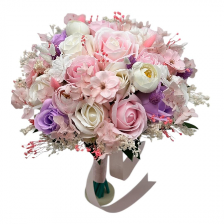 Magazin - Buchet mediu personalizabil cu trandafiri, mini bujori, hortensie , flori de cires si floarea miresei (Alb, Roz)