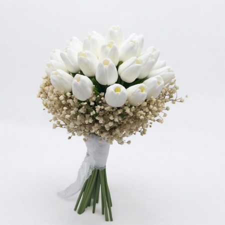 Buchete cu flori din matase - Buchet lalele albe , real touch si Gypsophilia- Floarea miresei, criogenata, rezistent peste ani