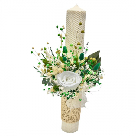 Lumanari cununie - Lumanare personalizabila, alb-verde, pentru nunta sau botez cu aranjament frontal cu trandafir criogenat si plante naturale uscate, 42 cm