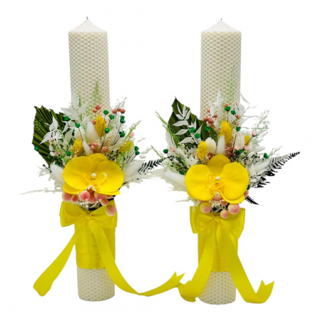 Lumanari cununie - Set lumanari cu arnjament floral pentru cununie nunta personalizabil alb-galben