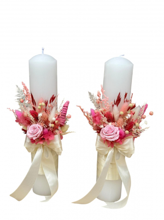 Lumanari cununie - Set lumanari personalizabile, alb-roz, pentru nunta  cu aranjament frontal ,plante naturale uscate si miniroze criogenate,  30 cm