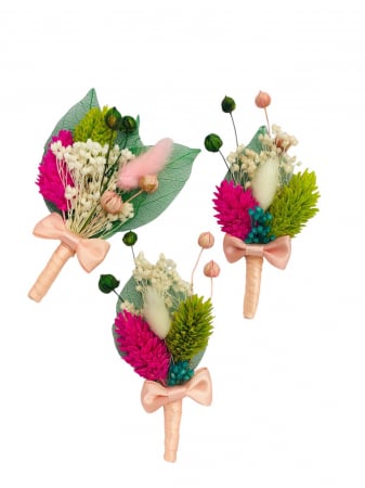 Cocarde - Set 3 Cocarde/ flori pentru piept, din plante Naturale Uscate si frunze tip voal