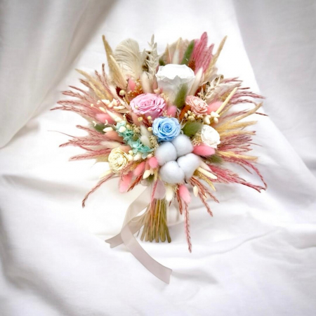 Buchete Cadou - Buchet diafan cu flori naturale uscate , bumbac și trandafirI criogenat , personalizabil, ideal pentru cununie civilă, nuntă, mireasă sau cadou