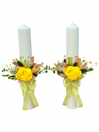 Lumanari cununie - Set lumanari personalizabile, colorate, pentru nunta sau botez cu aranjament frontal cu trandafir din foita de sapun si plante naturale uscate, 40 cm (GALBEN)