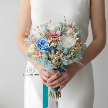 Buchet mireasa nasa nunta cu trandafiri naturali criogenati , hortensie si flori naturale uscate [2]