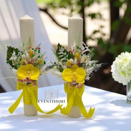 Set lumanari cu arnjament floral pentru cununie nunta personalizabil alb-galben [1]
