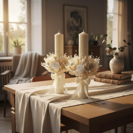 Set nunta lumanari cununie tip fagure si buchet mireasa cu trandafiri criogenati – decor floral premium personalizat [2]