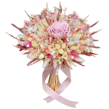 Buchete cu flori criogenate - Buchet roz pal personalizabil cu trandafiri criogenati si flori  naturale uscate