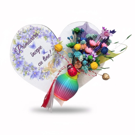 Ursuleti din trandafiri - Martisor inima personalizabila, cu mini vaza, flori naturale uscate, multicolor, prindere tip magnet
