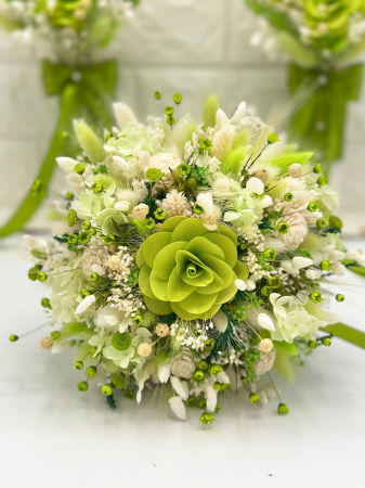 Set pentru nunta cu buchet si lumanari din parafina , cu  plante naturale uscate  - alb-verde [2]