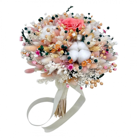 Buchete cu flori criogenate - Buchet flori naturale uscate, bumbac și trandafir criogenat peach fuzz, personalizabil, ideal pentru cununie civilă, nuntă, mireasă , nasa sau cadou