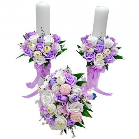 Lumanari cununie - Set nunta, 2 lumanari personalizabile cu nume si data, 40 cm cu aranjament frontal, 1 buchet mediu cu 19 trandafiri  (Multicolor)