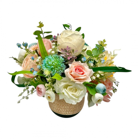 Aranjamente florale cu flori din matase - Aranjament cu plante artificiale in ghiveci ceramic, cromatica personalizabila