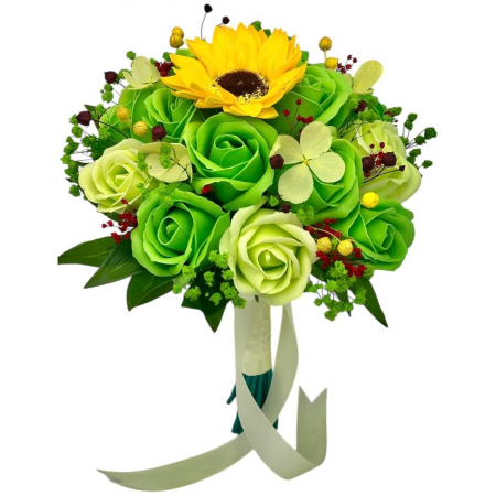 Magazin - Buchet mediu personalizabil cu trandafiri, flori de hortensie si floarea miresei ( Verde-Galben )