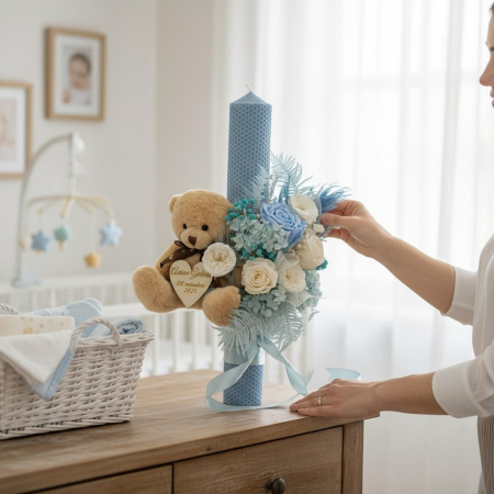 Lumanare Botez Baiat cu Flori Criogenate si Ursulet – Baby Blue, Model Premium 40 cm [2]