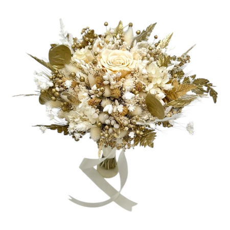 Buchete cu flori criogenate - Buchet alb-auriu, cu flori naturale uscate și trandafir criogenat XL, personalizabil, ideal pentru cununie civilă, nuntă, mireasă sau cadou