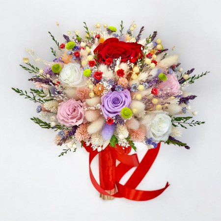 Buchete cu flori criogenate - Buchet mare personalizabil cu trandafiri naturali criogenati si flori naturale uscate si criogenate