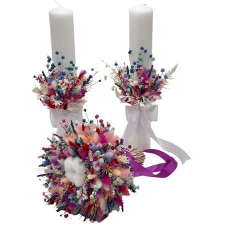 Lumanari cununie - Set buchet si lumanari cu flori de bumbac si plante naturale uscate, lumanari parafina - Multicolor