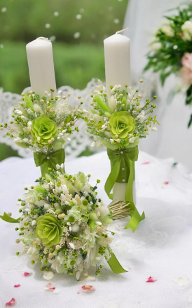 Set pentru nunta cu buchet si lumanari din parafina , cu  plante naturale uscate  - alb-verde [3]