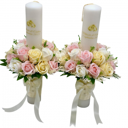 Lumanari cununie - Set nunta, 2 lumanari personalizabile cu nume si data decorate cu flori din foita de sapun, 40 cm (Multicolor)