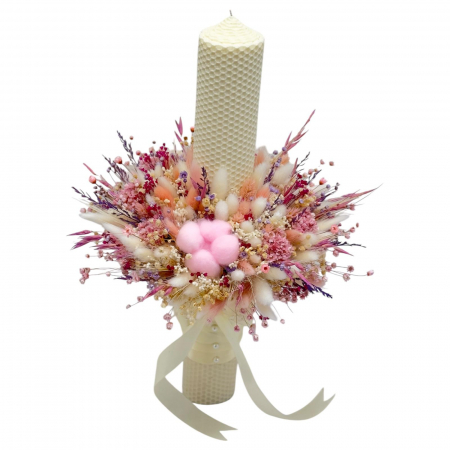 Lumanari cununie - Lumanare pentru cununie / botez, 42 cm, cu floare de bumbac si plante uscate (personalizabila cromatic si cu text)