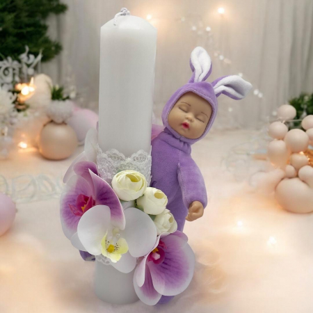 Lumanare Botez EVENTISSIMI - Orhidee si bujori cu Somnoros din plus, 30 cm, Alb/Mov [1]