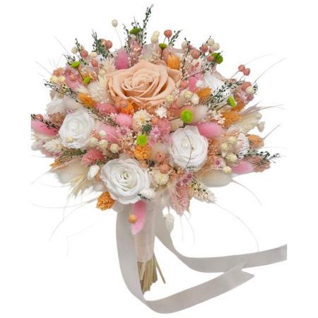 Buchete Cadou - Buchet flori cu trandafiri criogenati si plante naturale uscate, personalizabil, ideal pentru cununie civilă, nuntă, mireasă sau cadou