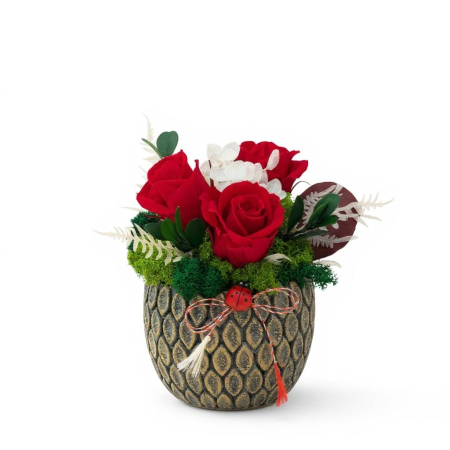 Magazin - Aranjament floral cu 3 trandafiri criogenati si licheni naturali stabilizati in ghiveci decorativ premium – cadou elegant, decor casa sau birou, flori naturale care rezista ani de zile