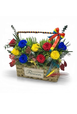 Coronite de craciun - Aranjament floral tricolor cu trandafiri criogenați și plante stabilizate – decor patriotic 1 Decembrie - Eventissimi