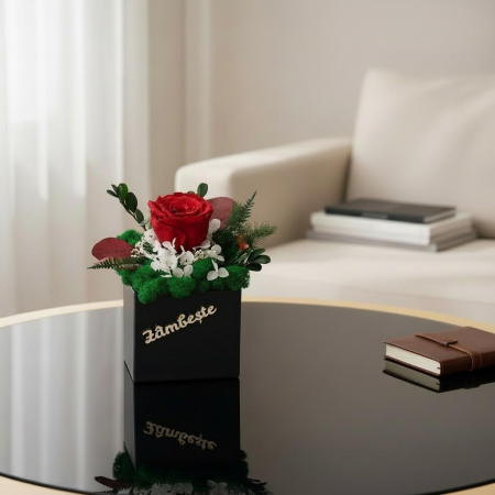 Aranjament cu trandafir criogenat si licheni naturali stabilizati in cutie eleganta – cadou premium personalizat cu flori de lunga durata [1]