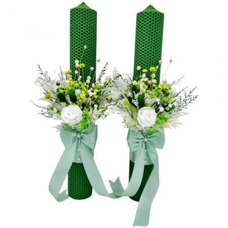 Lumanari cununie - Set lumanari fagure, cu aranjament alb-verde, pentru cununie  42 cm, cu flori criogenate si plante naturale uscate (personalizabil cromatic si cu text)