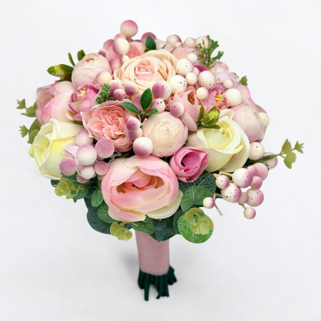Buchete cu flori din matase - Buchet de bujori roze, ranunculus alb-roze, rezistent peste ani