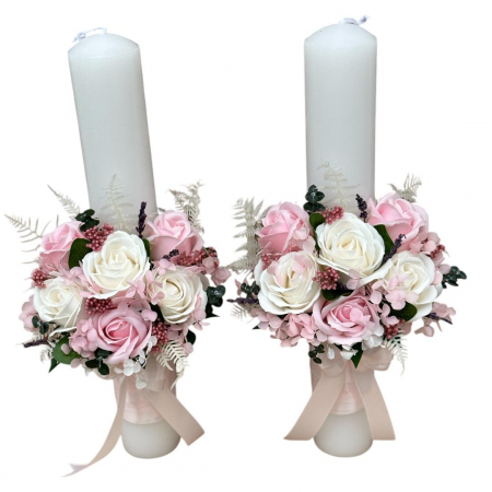 Lumanari cu flori de sapun - Set nunta, 2 lumanari personalizabile cu nume si data decorate cu flori din foita de sapun si flori stabilizate 40 cm (Multicolor)