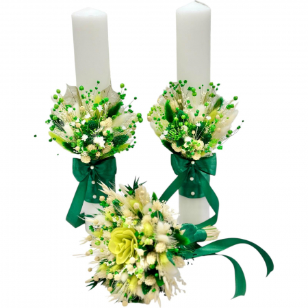 Lumanari cununie - Set Lumanari  si buchet pentru nunta, alb-verde, personalizabile cu nume si data, Plante Uscate , Aranjament Frontal