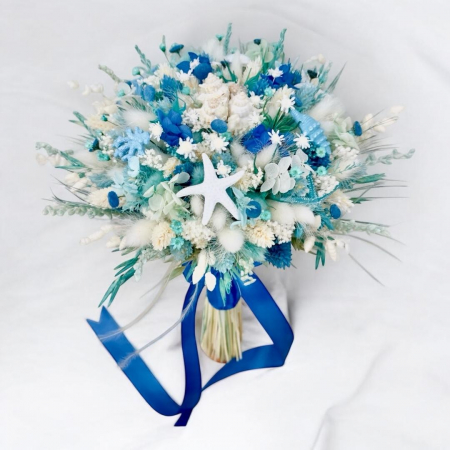 Buchete Cadou - Buchet cu scoici si alte elemente marine , personalizabil, ideal pentru cununie civilă, nuntă, mireasă, nasa  sau cadou, alb-albastru