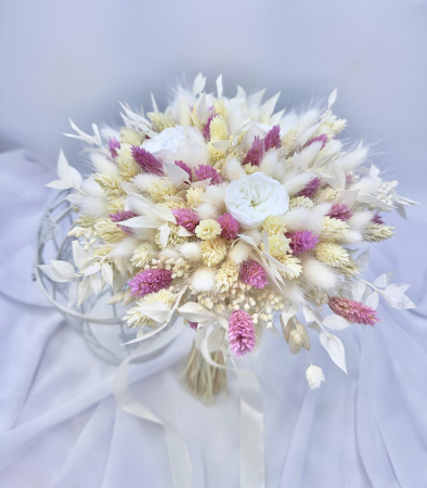 Buchete cu flori criogenate - Buchet  personalizabil cu trandafiri criogenati si flori  naturale uscate, predominant alb
