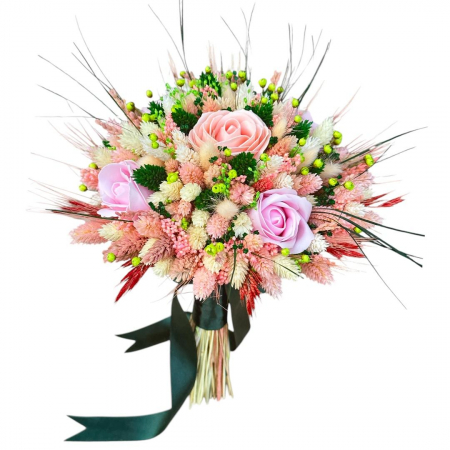 Buchete Cadou - Buchet cu trandafiri si mix flori uscate , personalizabil, ideal pentru cununie civilă, nuntă, mireasă, nasa  sau cadou, alb-mov-galben