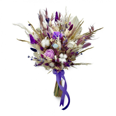 Buchete Cadou - Buchet evantai cu mix de flori naturale uscate, trandafiri si bumbac , alb-mov, ideal pentru nasa, cununie civila sau cadou