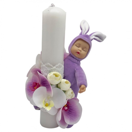 Lumanari cu aranjament floral - Lumanare Botez EVENTISSIMI - Orhidee si bujori cu Somnoros din plus, 30 cm, Alb/Mov