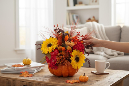 Aranjament floral de toamnă sau Halloween , în dovleac – decor handmade cu flori artificiale și naturale uscate [3]