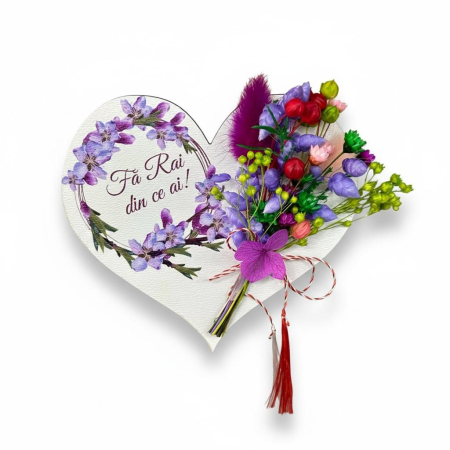 Ursuleti din trandafiri - Mărțișor inima cu magnet, cu flori mov naturale uscate si mesaj personalizabil
