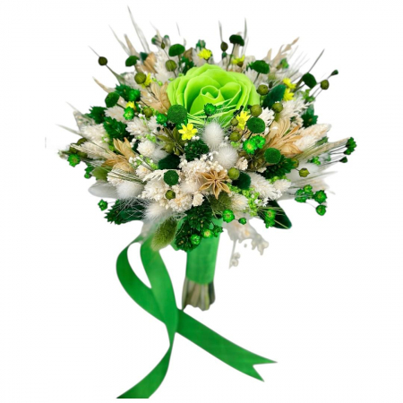 Magazin - Buchet mic cu trandafir si mix de flori naturale uscate, alb- verde