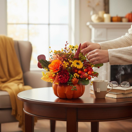 Aranjament floral de toamnă sau Halloween , în dovleac – decor handmade cu flori artificiale și naturale uscate [1]
