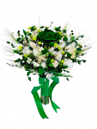 Buchete cu flori criogenate - Buchet mediu personalizabil cu trandafir criogenat si flori  naturale uscate alb - verde smarald