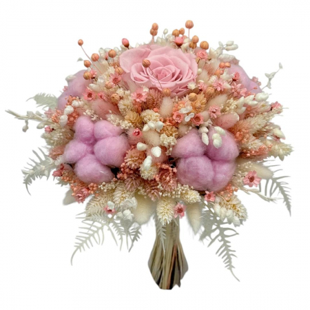 Buchete cu flori criogenate - Buchet de flori crogenate, roz pudra ,bumbac si mix plante naturale uscate